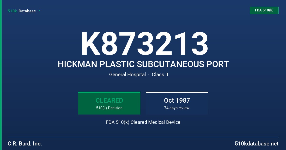 K873213 HICKMAN PLASTIC SUBCUTANEOUS PORT FDA 510(k) Cleared Medical Device