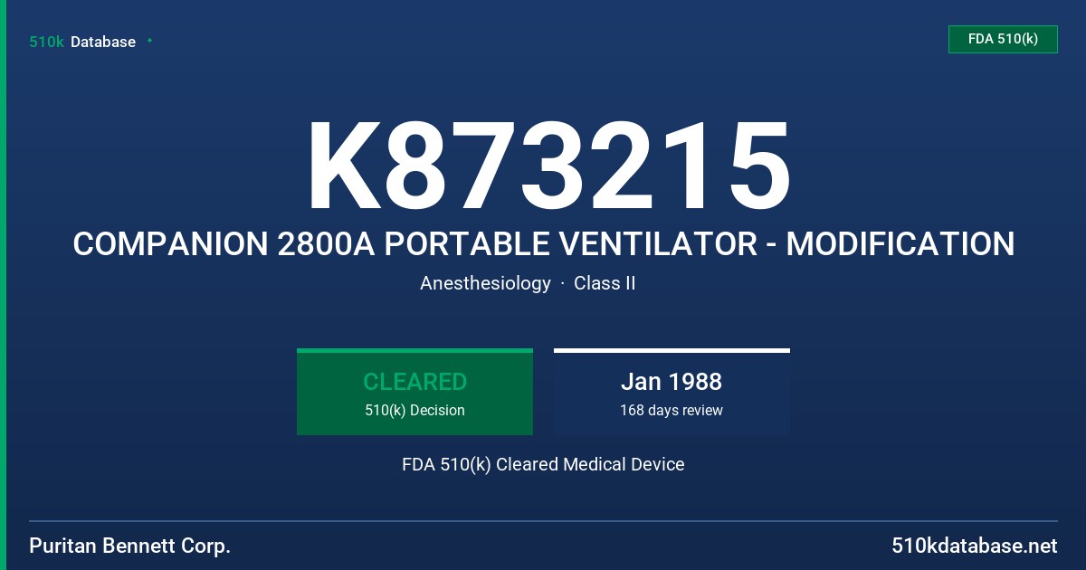 K873215 COMPANION 2800A PORTABLE VENTILATOR - MODIFICATION FDA 510(k) Cleared Medical Device