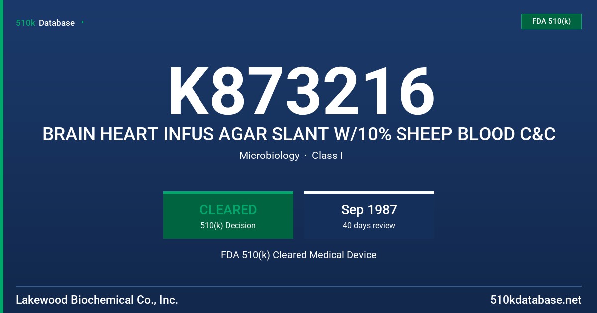 K873216 BRAIN HEART INFUS AGAR SLANT W/10% SHEEP BLOOD C&C FDA 510(k) Cleared Medical Device