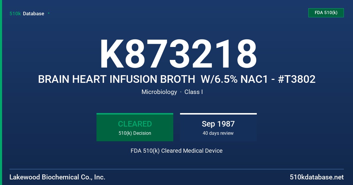 K873218 BRAIN HEART INFUSION BROTH  W/6.5% NAC1 - #T3802 FDA 510(k) Cleared Medical Device