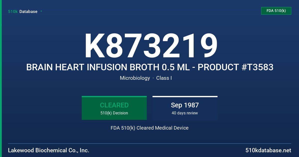 K873219 BRAIN HEART INFUSION BROTH 0.5 ML - PRODUCT #T3583 FDA 510(k) Cleared Medical Device