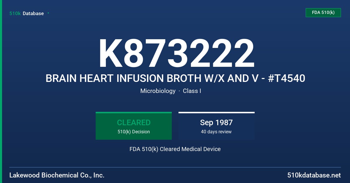 K873222 BRAIN HEART INFUSION BROTH W/X AND V - #T4540 FDA 510(k) Cleared Medical Device