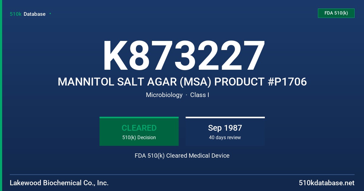 K873227 MANNITOL SALT AGAR (MSA) PRODUCT #P1706 FDA 510(k) Cleared Medical Device
