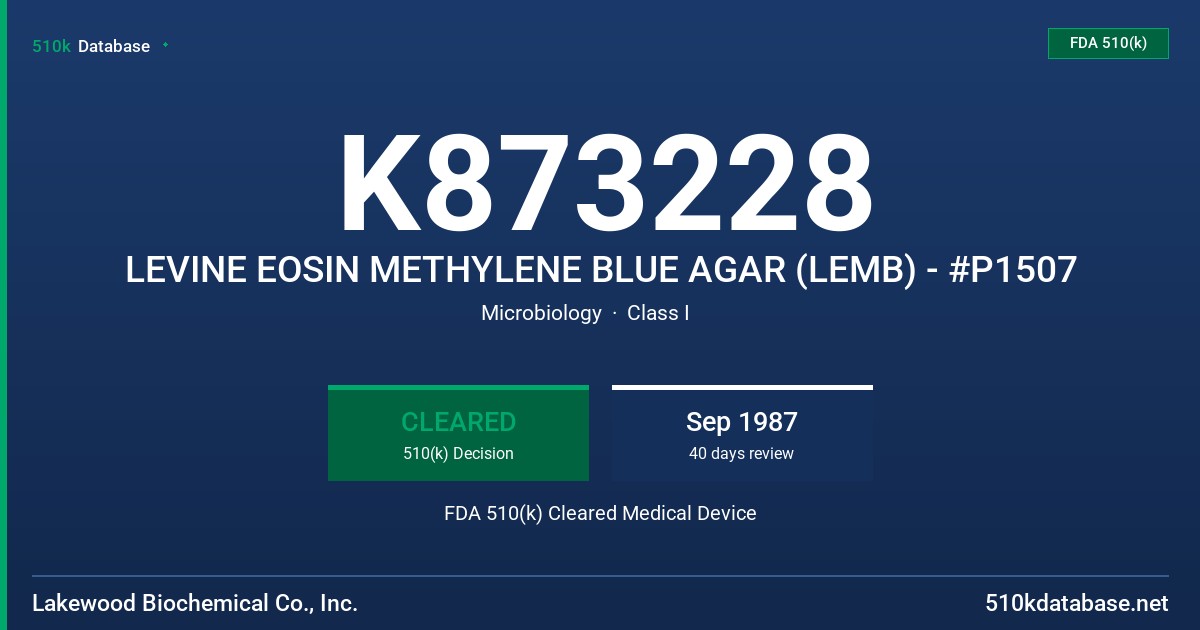 K873228 LEVINE EOSIN METHYLENE BLUE AGAR (LEMB) - #P1507 FDA 510(k) Cleared Medical Device