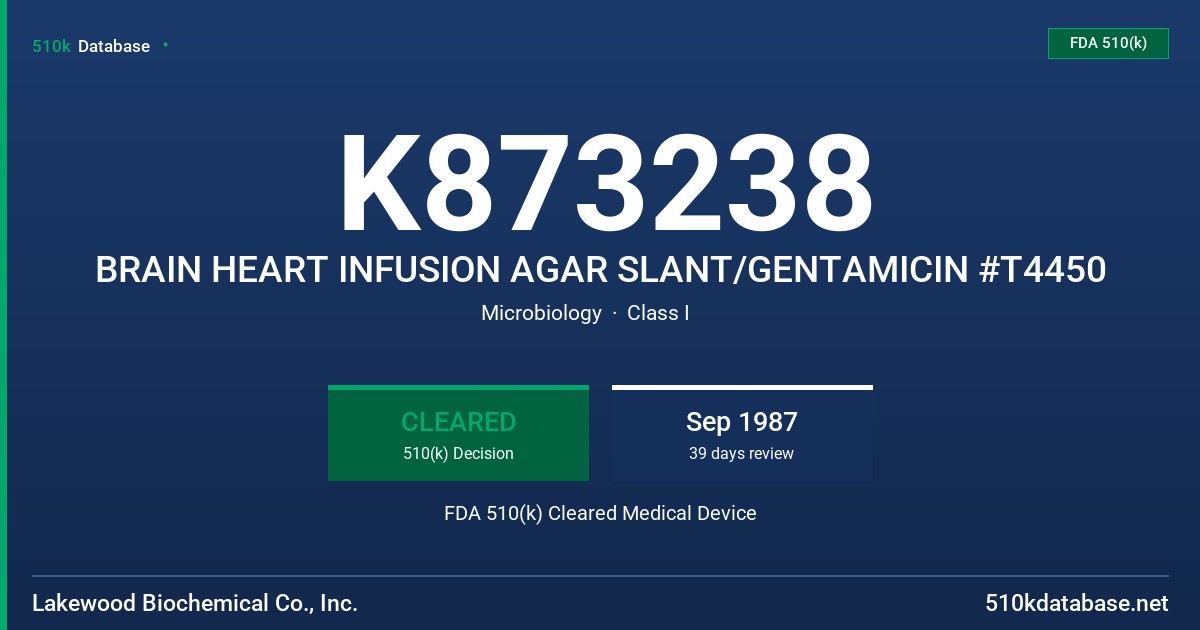 K873238 BRAIN HEART INFUSION AGAR SLANT/GENTAMICIN #T4450 FDA 510(k) Cleared Medical Device