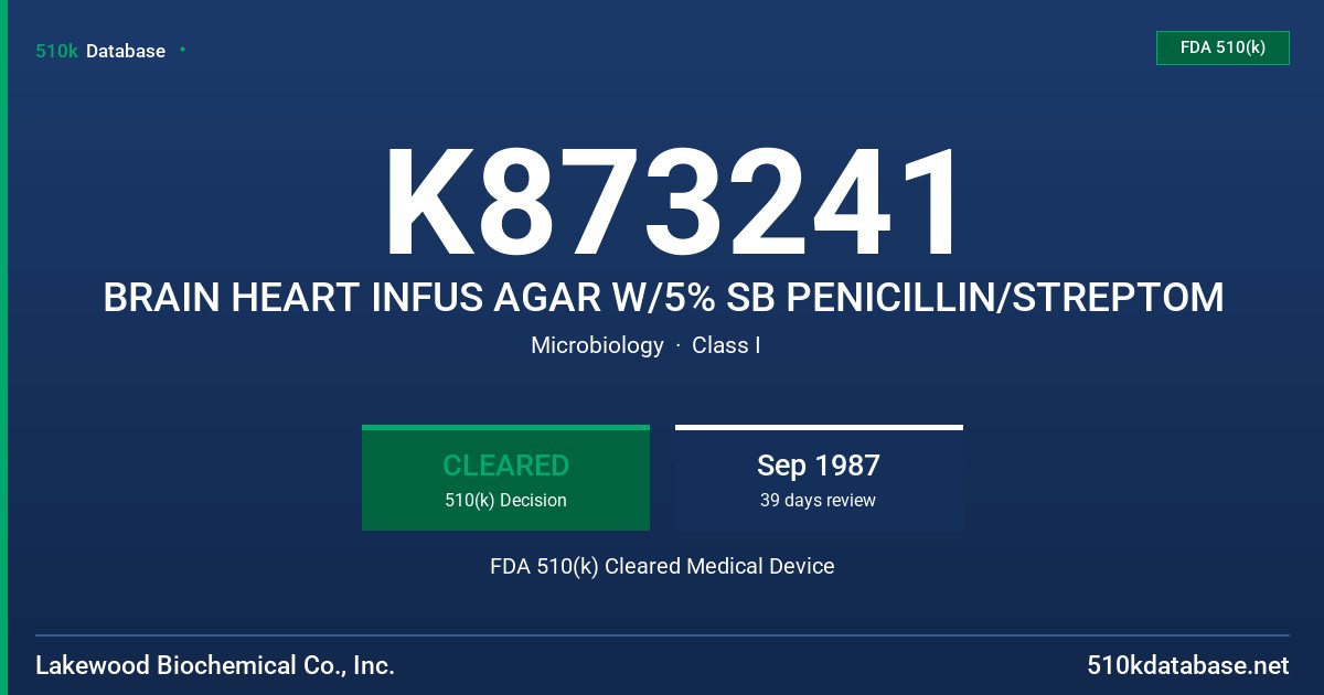 K873241 BRAIN HEART INFUS AGAR W/5% SB PENICILLIN/STREPTOM FDA 510(k) Cleared Medical Device