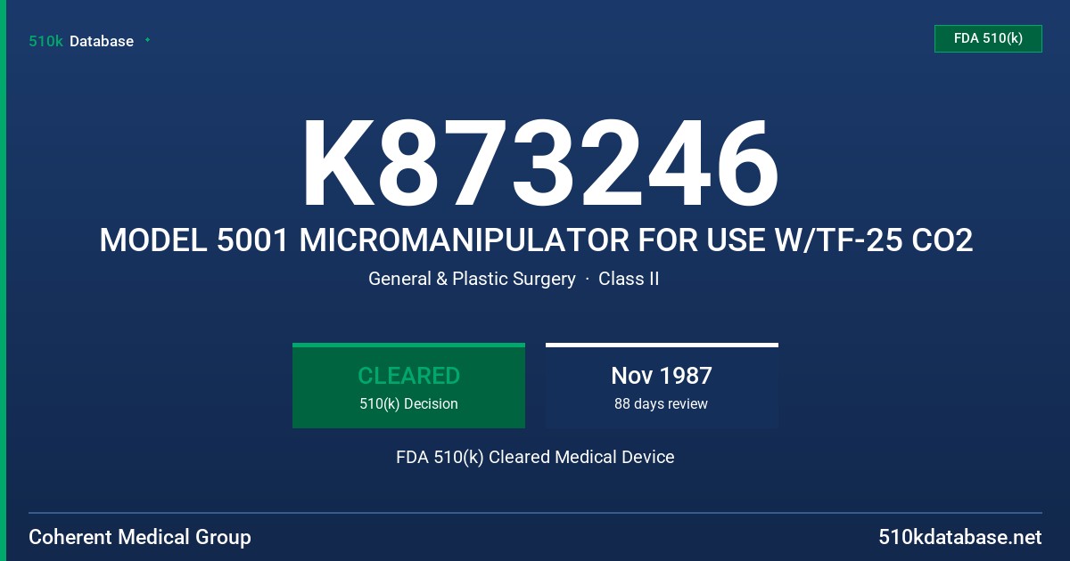 K873246 MODEL 5001 MICROMANIPULATOR FOR USE W/TF-25 CO2 FDA 510(k) Cleared Medical Device