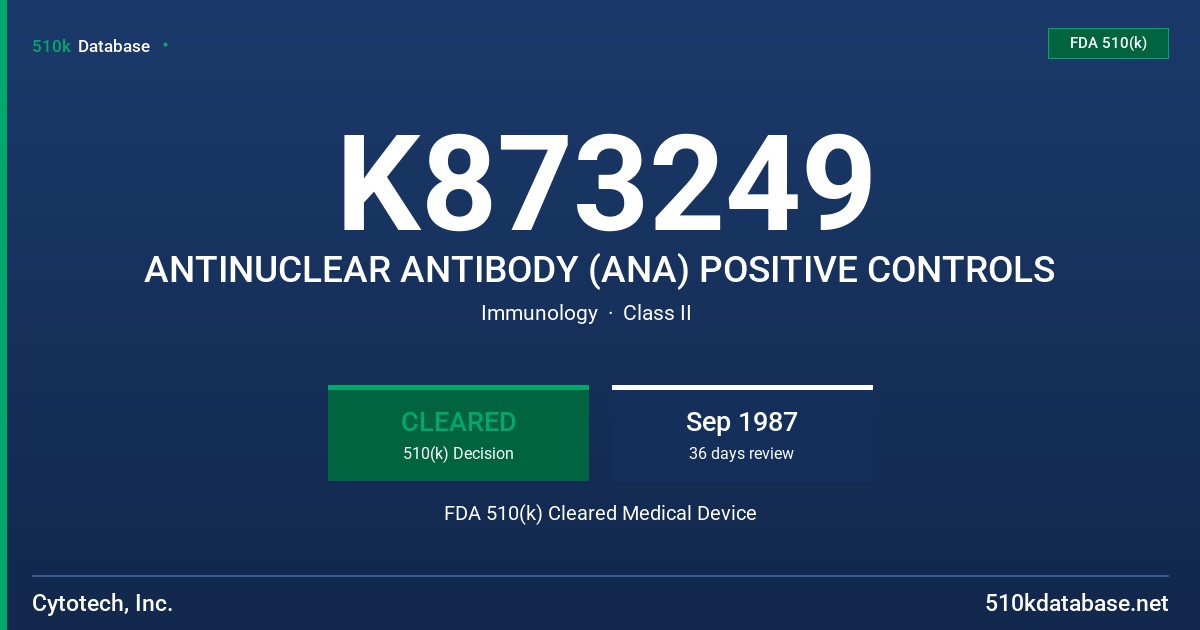 K873249 ANTINUCLEAR ANTIBODY (ANA) POSITIVE CONTROLS FDA 510(k) Cleared Medical Device