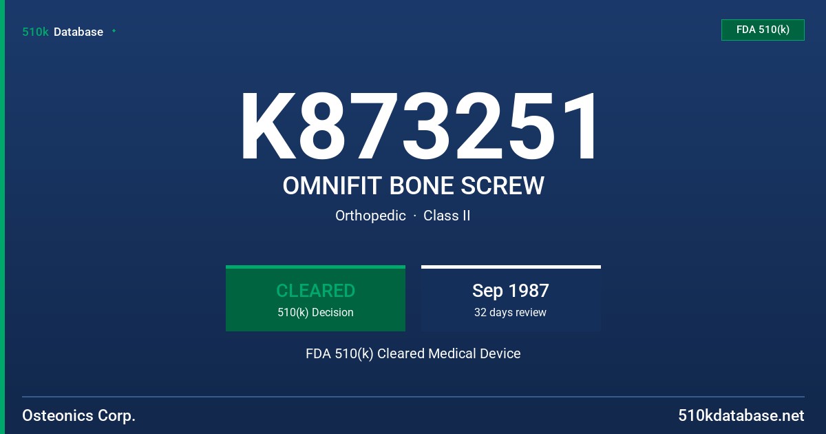 K873251 OMNIFIT BONE SCREW FDA 510(k) Cleared Medical Device