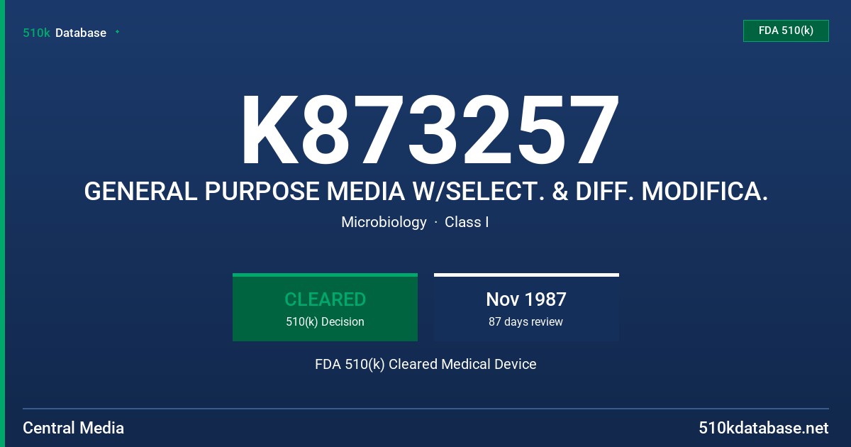 K873257 GENERAL PURPOSE MEDIA W/SELECT. & DIFF. MODIFICA. FDA 510(k) Cleared Medical Device