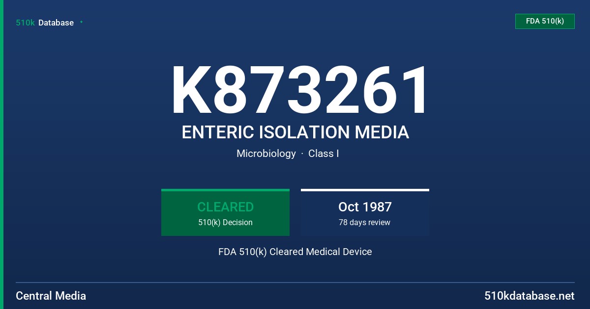 K873261 ENTERIC ISOLATION MEDIA FDA 510(k) Cleared Medical Device
