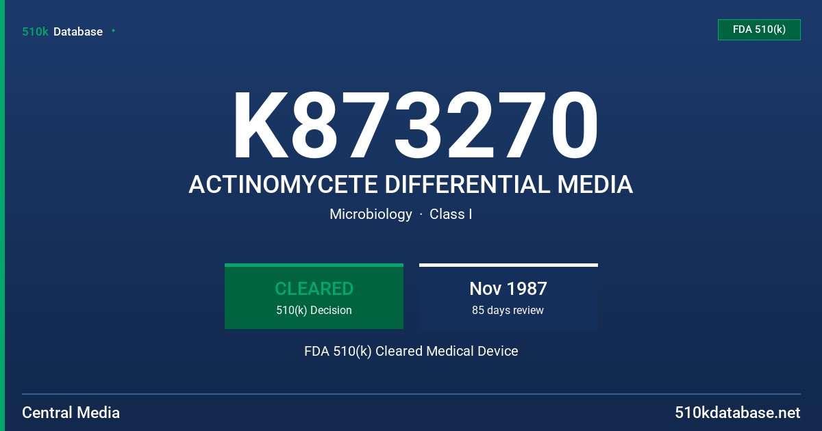 K873270 ACTINOMYCETE DIFFERENTIAL MEDIA FDA 510(k) Cleared Medical Device