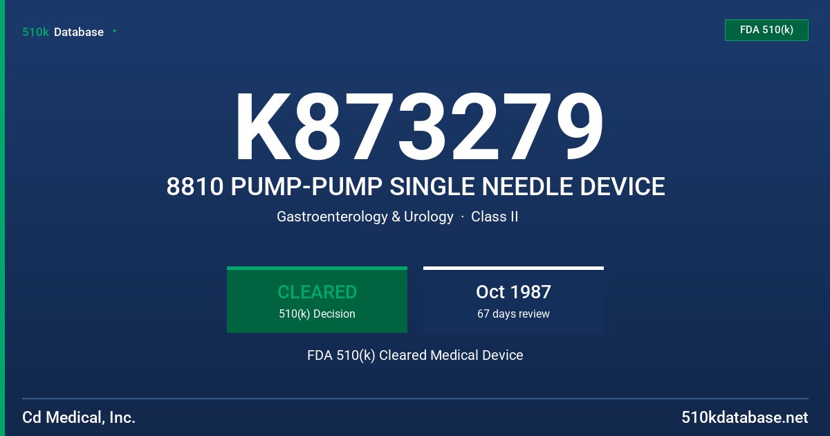 K873279 8810 PUMP-PUMP SINGLE NEEDLE DEVICE FDA 510(k) Cleared Medical Device