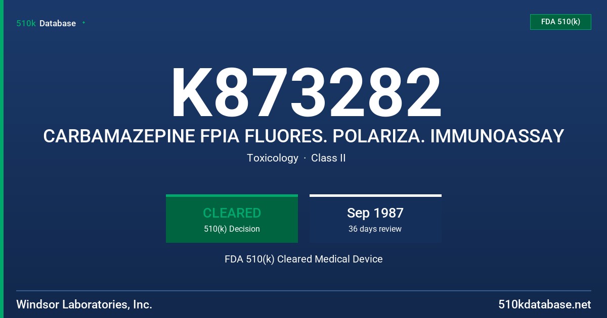 K873282 CARBAMAZEPINE FPIA FLUORES. POLARIZA. IMMUNOASSAY FDA 510(k) Cleared Medical Device