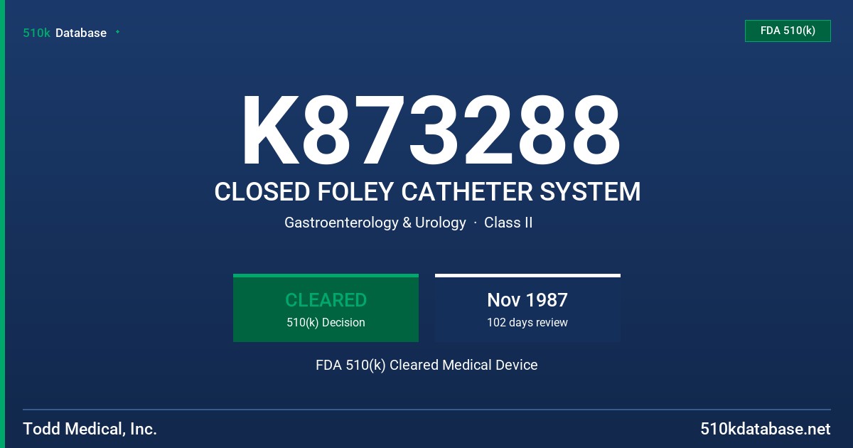K873288 CLOSED FOLEY CATHETER SYSTEM FDA 510(k) Cleared Medical Device