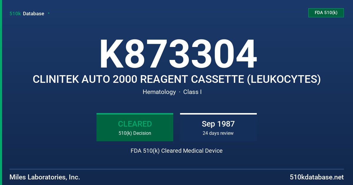 K873304 CLINITEK AUTO 2000 REAGENT CASSETTE (LEUKOCYTES) FDA 510(k) Cleared Medical Device