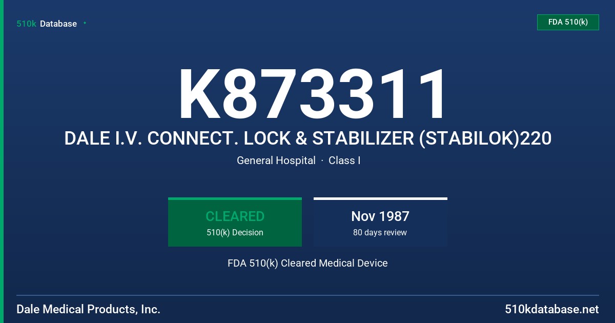 K873311 DALE I.V. CONNECT. LOCK & STABILIZER (STABILOK)220 FDA 510(k) Cleared Medical Device
