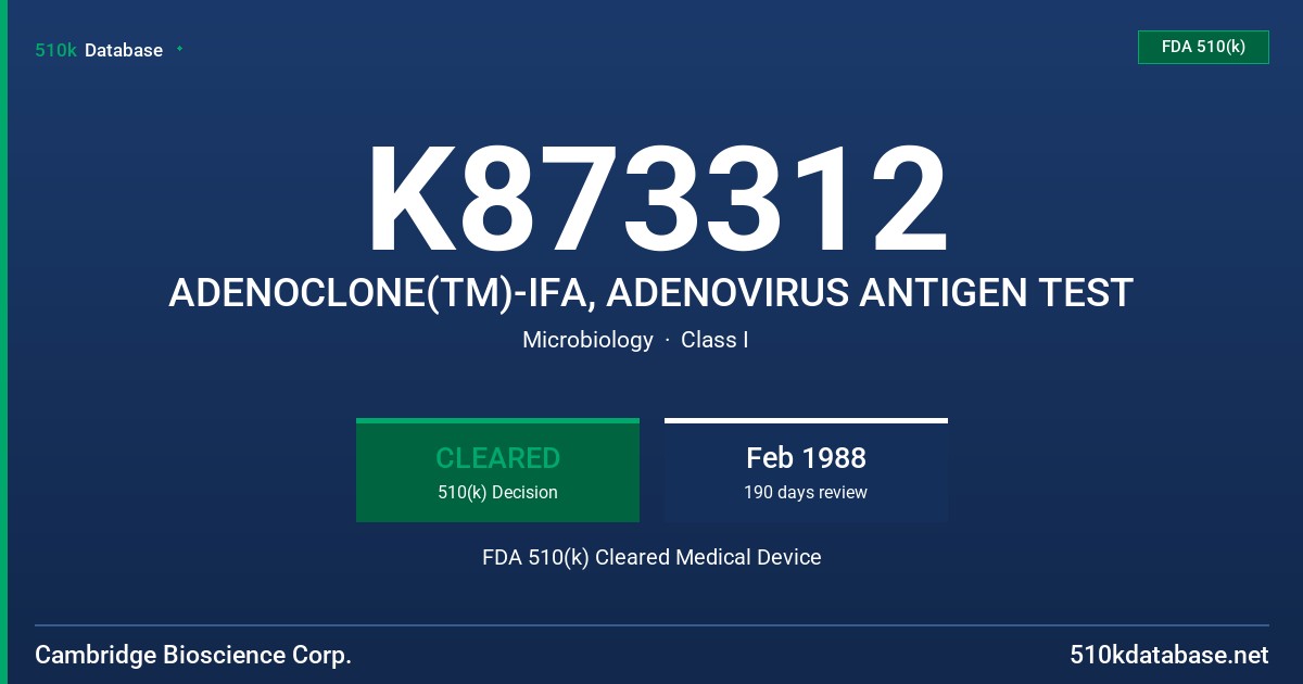 K873312 ADENOCLONE(TM)-IFA, ADENOVIRUS ANTIGEN TEST FDA 510(k) Cleared Medical Device