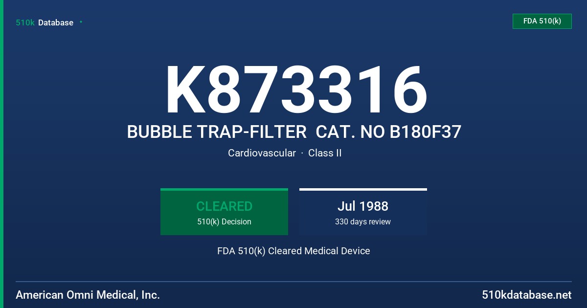 K873316 BUBBLE TRAP-FILTER  CAT. NO B180F37 FDA 510(k) Cleared Medical Device