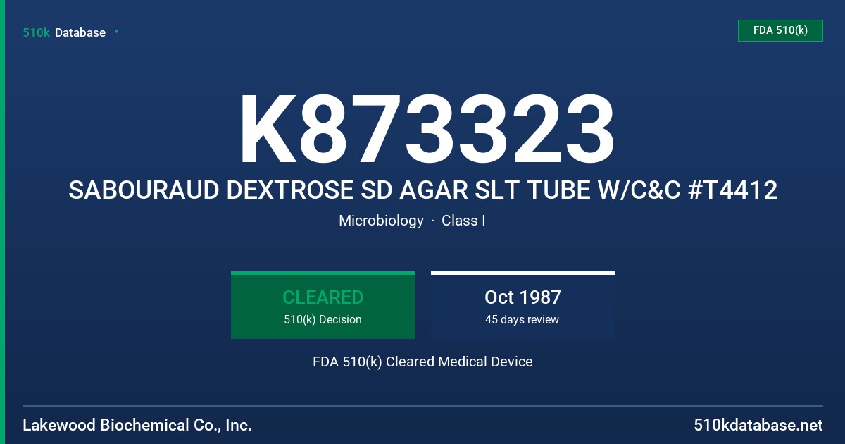 K873323 SABOURAUD DEXTROSE SD AGAR SLT TUBE W/C&C #T4412 FDA 510(k) Cleared Medical Device