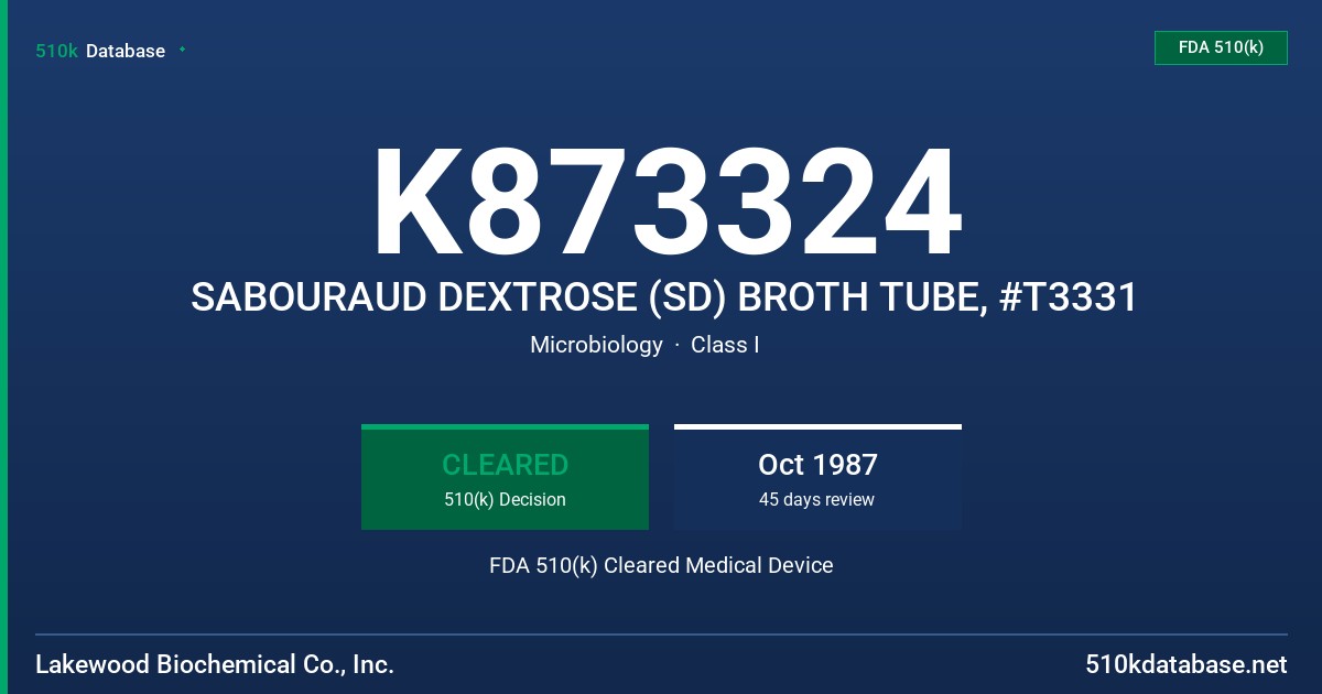 K873324 SABOURAUD DEXTROSE (SD) BROTH TUBE, #T3331 FDA 510(k) Cleared Medical Device