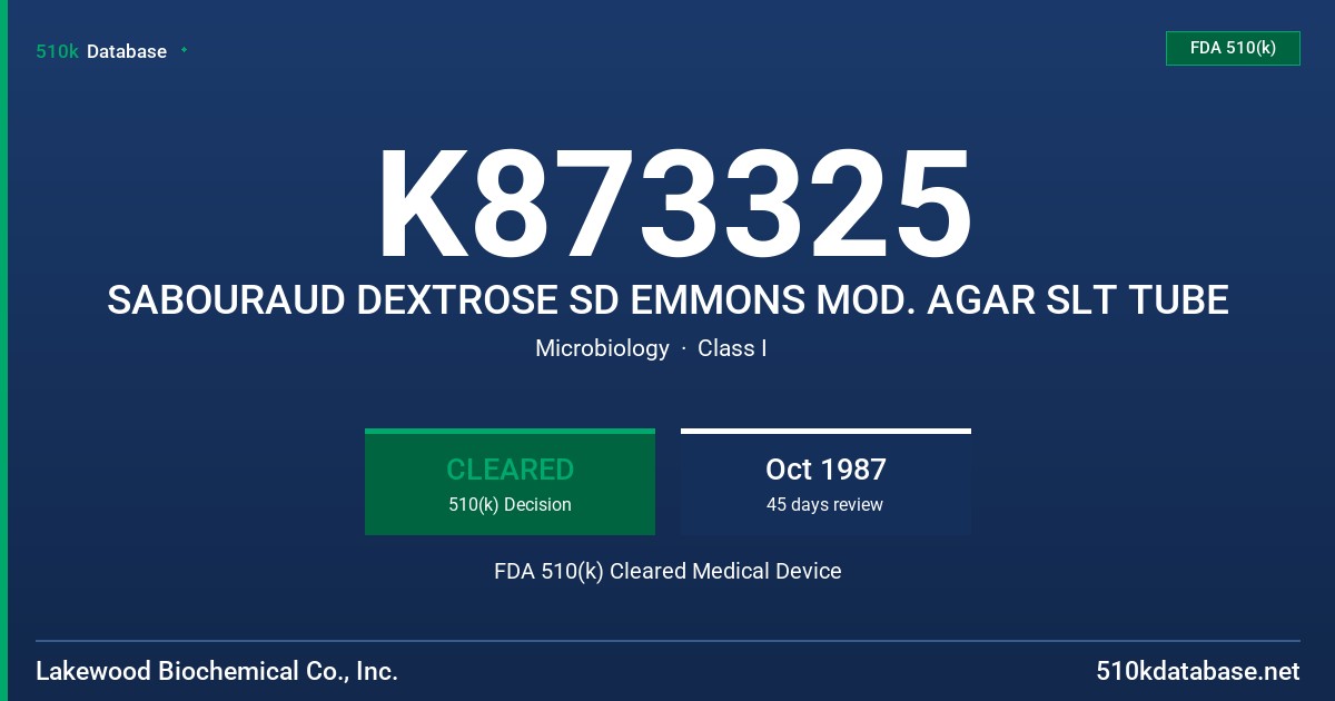K873325 SABOURAUD DEXTROSE SD EMMONS MOD. AGAR SLT TUBE FDA 510(k) Cleared Medical Device