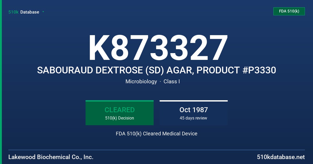 K873327 SABOURAUD DEXTROSE (SD) AGAR, PRODUCT #P3330 FDA 510(k) Cleared Medical Device