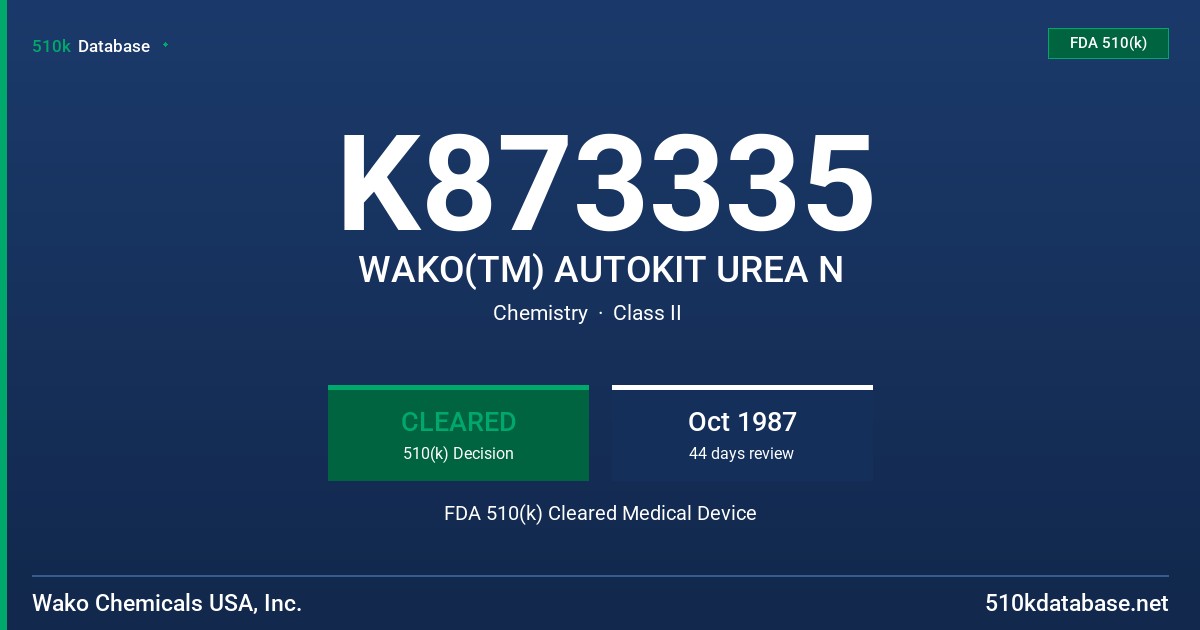 K873335 WAKO(TM) AUTOKIT UREA N FDA 510(k) Cleared Medical Device
