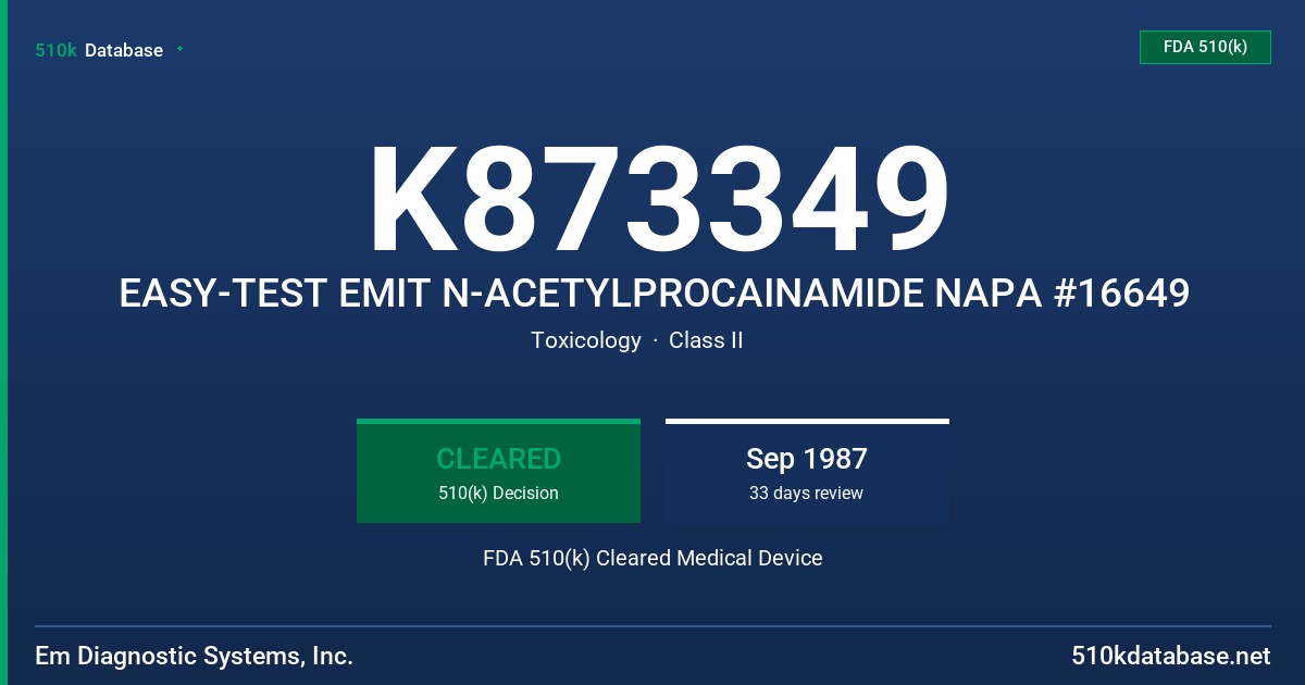 K873349 EASY-TEST EMIT N-ACETYLPROCAINAMIDE NAPA #16649 FDA 510(k) Cleared Medical Device