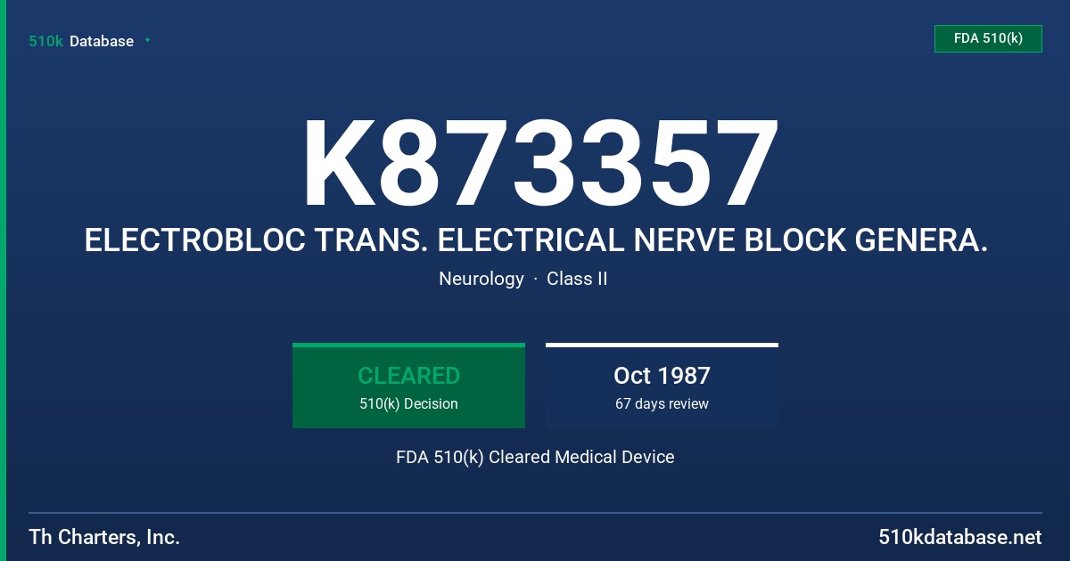 K873357 ELECTROBLOC TRANS. ELECTRICAL NERVE BLOCK GENERA. FDA 510(k) Cleared Medical Device