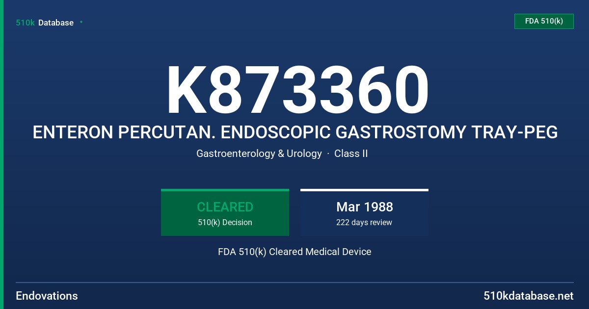 K873360 ENTERON PERCUTAN. ENDOSCOPIC GASTROSTOMY TRAY-PEG FDA 510(k) Cleared Medical Device