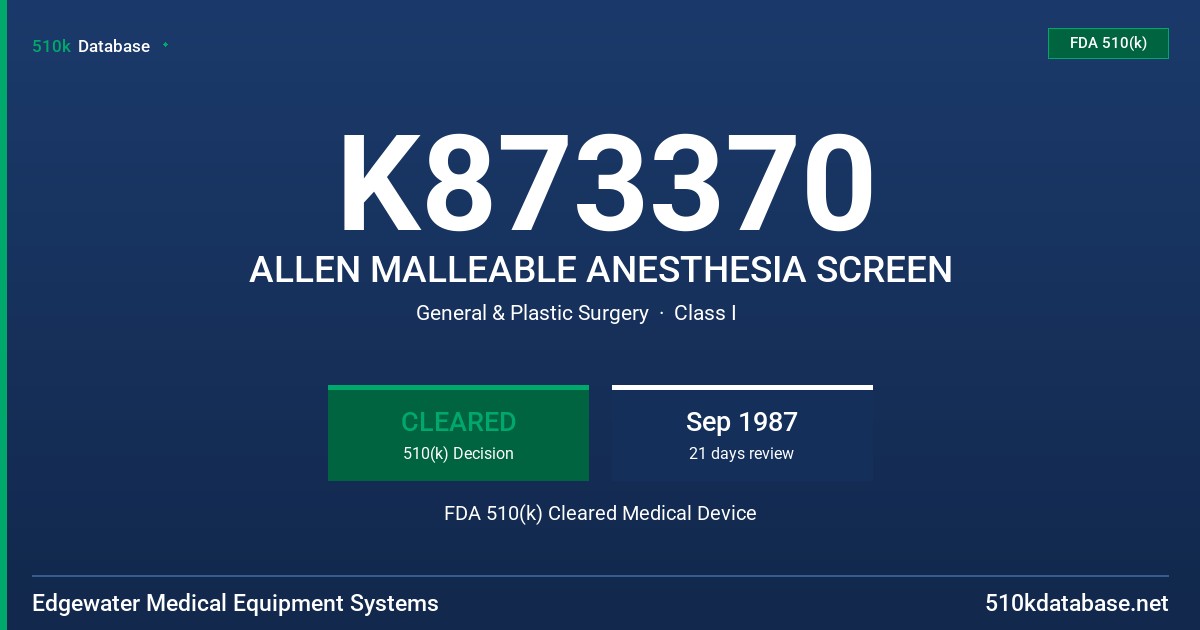 K873370 ALLEN MALLEABLE ANESTHESIA SCREEN FDA 510(k) Cleared Medical Device
