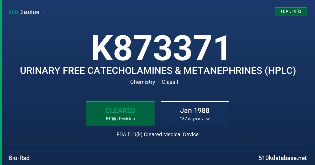 K873371 URINARY FREE CATECHOLAMINES & METANEPHRINES (HPLC) FDA 510(k) Cleared Medical Device
