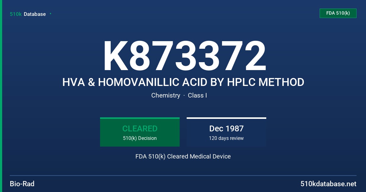 K873372 HVA & HOMOVANILLIC ACID BY HPLC METHOD FDA 510(k) Cleared Medical Device