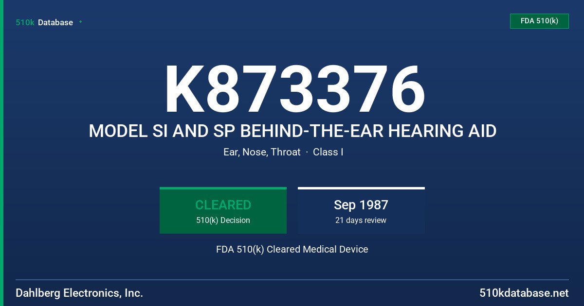 K873376 MODEL SI AND SP BEHIND-THE-EAR HEARING AID FDA 510(k) Cleared Medical Device