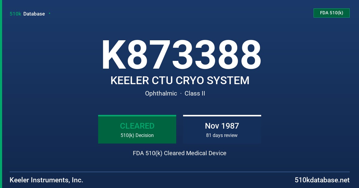 K873388 KEELER CTU CRYO SYSTEM FDA 510(k) Cleared Medical Device