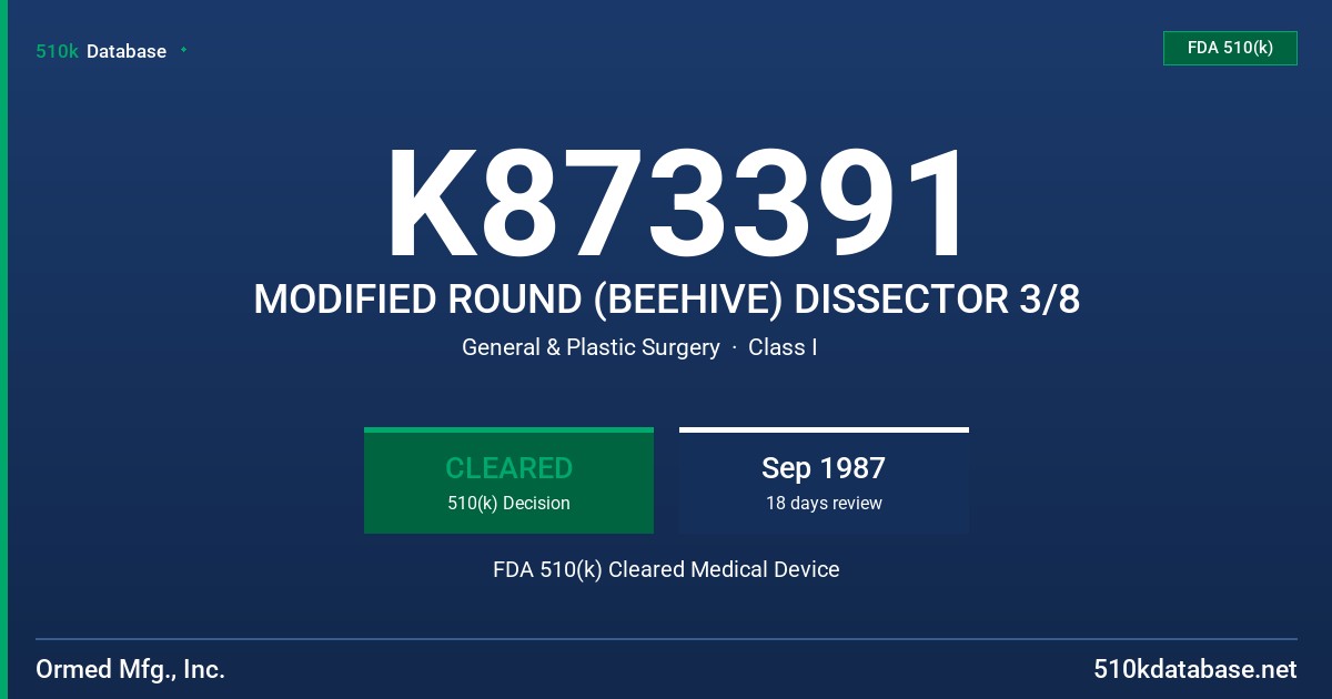 K873391 MODIFIED ROUND (BEEHIVE) DISSECTOR 3/8 FDA 510(k) Cleared Medical Device
