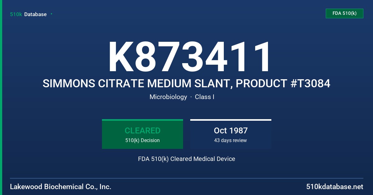 K873411 SIMMONS CITRATE MEDIUM SLANT, PRODUCT #T3084 FDA 510(k) Cleared Medical Device
