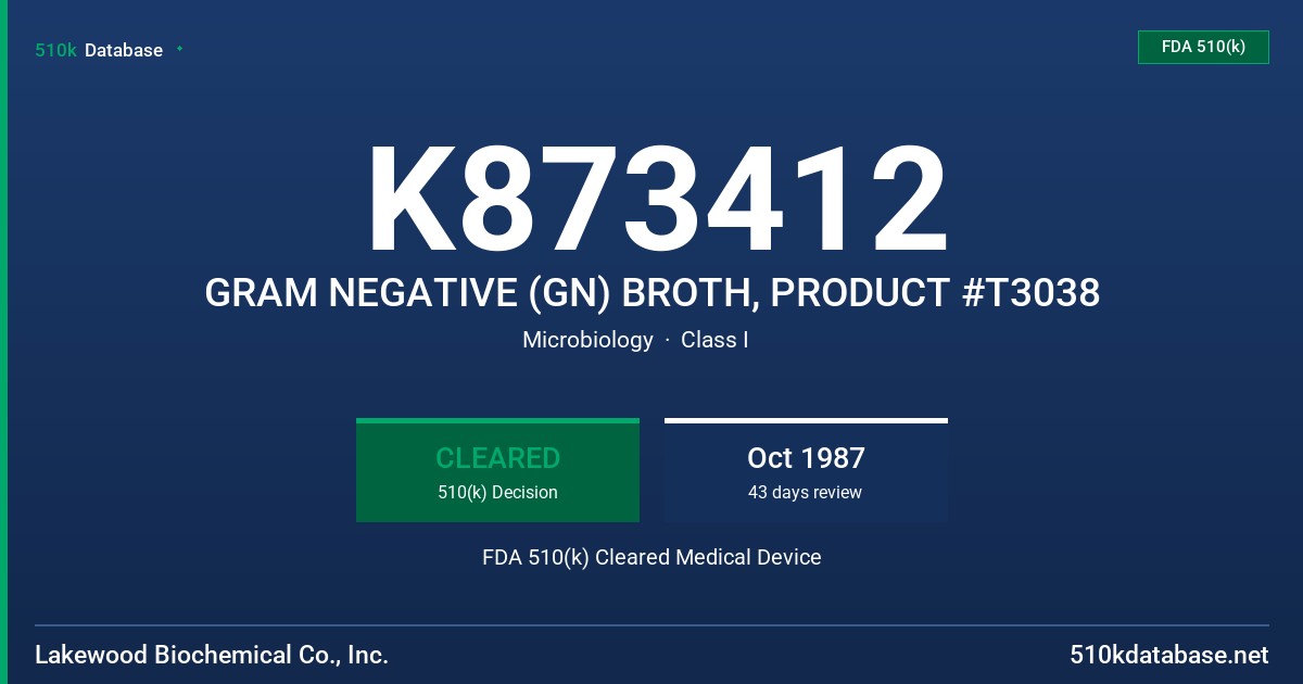 K873412 GRAM NEGATIVE (GN) BROTH, PRODUCT #T3038 FDA 510(k) Cleared Medical Device