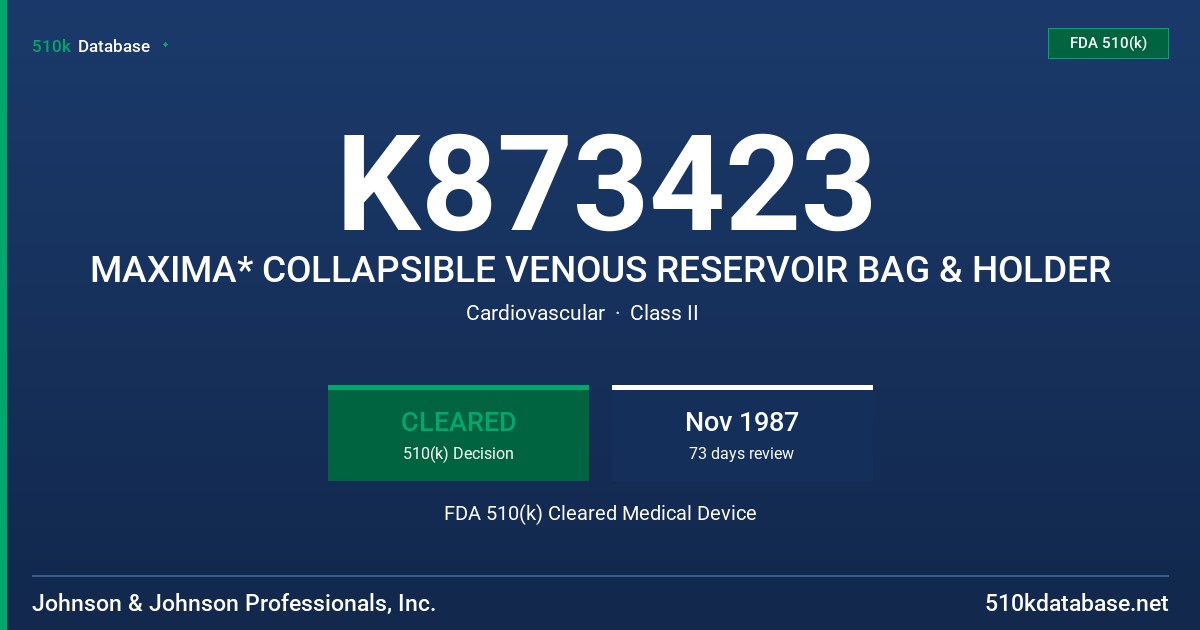 K873423 MAXIMA* COLLAPSIBLE VENOUS RESERVOIR BAG & HOLDER FDA 510(k) Cleared Medical Device
