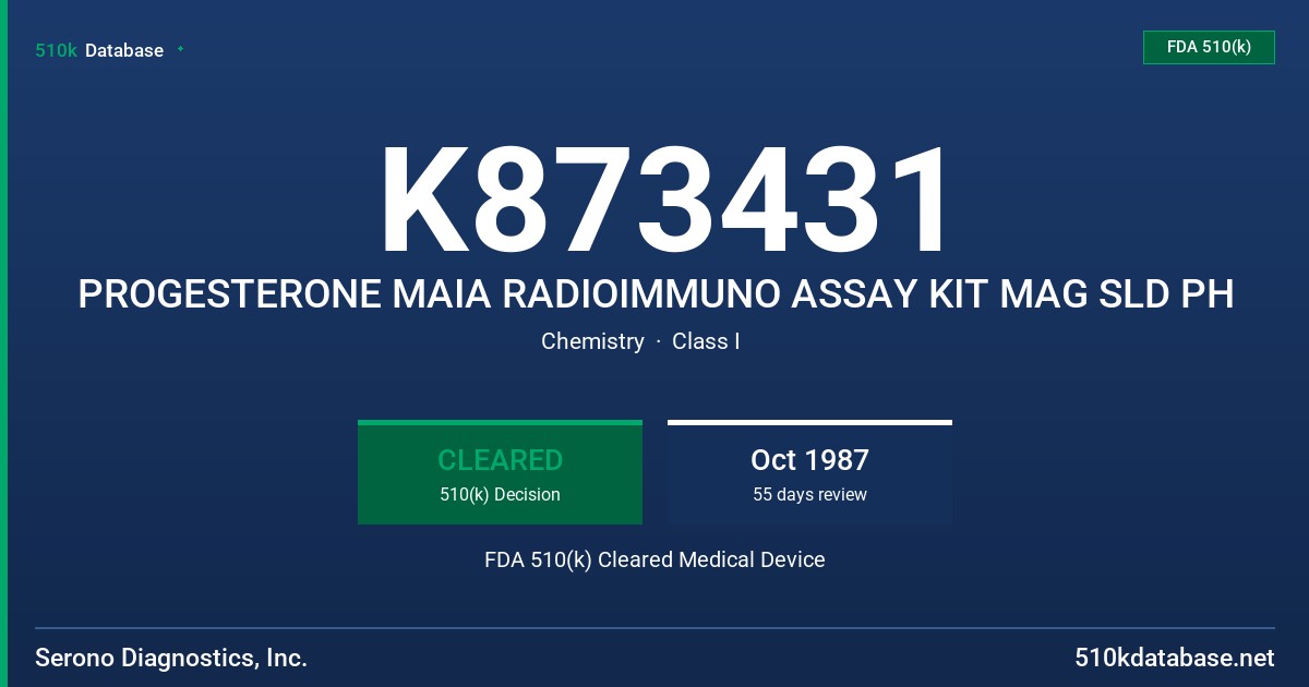 K873431 PROGESTERONE MAIA RADIOIMMUNO ASSAY KIT MAG SLD PH FDA 510(k) Cleared Medical Device