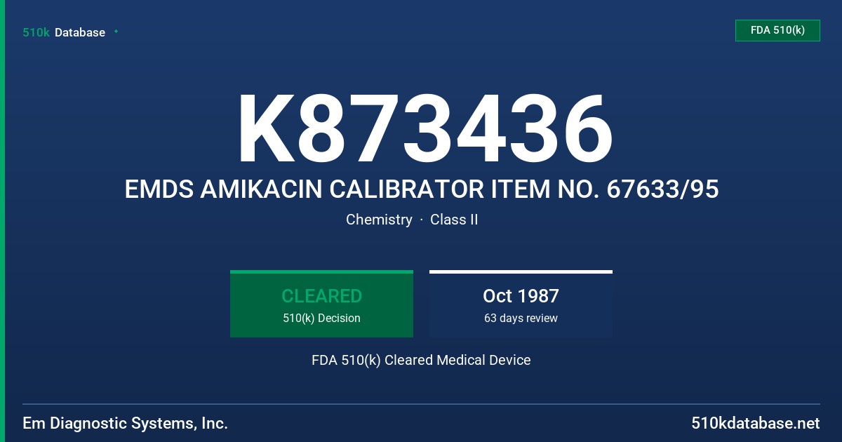 K873436 EMDS AMIKACIN CALIBRATOR ITEM NO. 67633/95 FDA 510(k) Cleared Medical Device