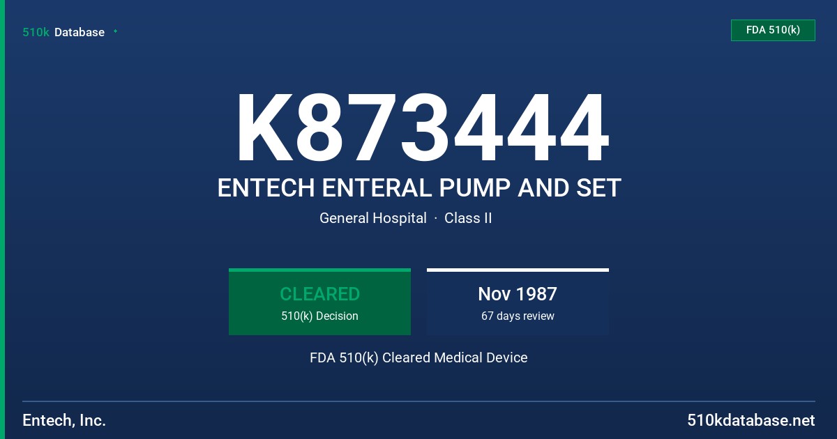 K873444 ENTECH ENTERAL PUMP AND SET FDA 510(k) Cleared Medical Device