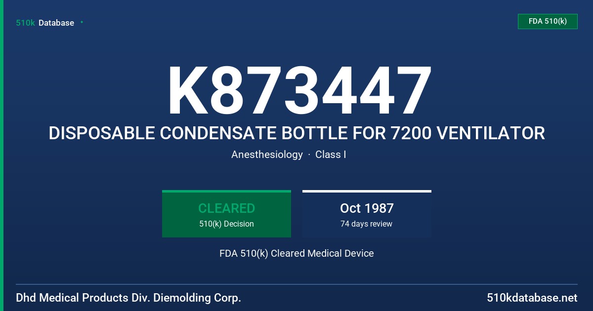 K873447 DISPOSABLE CONDENSATE BOTTLE FOR 7200 VENTILATOR FDA 510(k) Cleared Medical Device