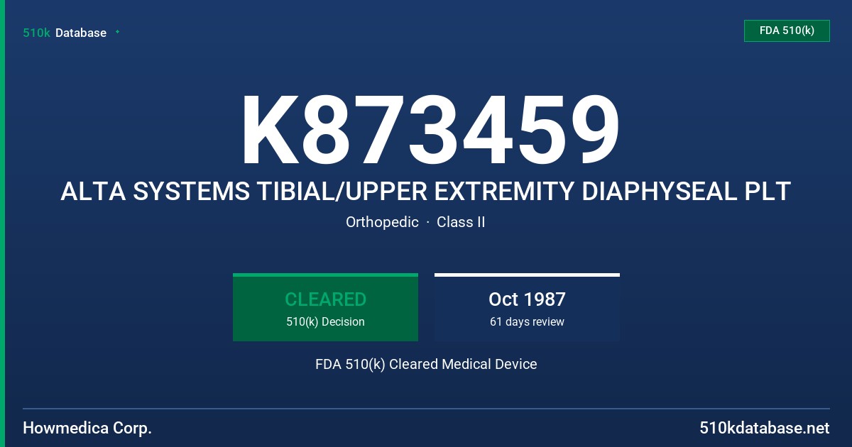 K873459 ALTA SYSTEMS TIBIAL/UPPER EXTREMITY DIAPHYSEAL PLT FDA 510(k) Cleared Medical Device