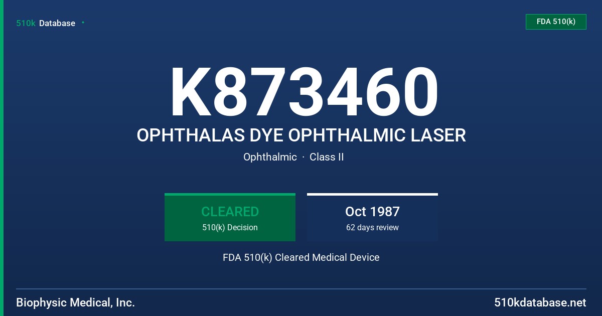 K873460 OPHTHALAS DYE OPHTHALMIC LASER FDA 510(k) Cleared Medical Device