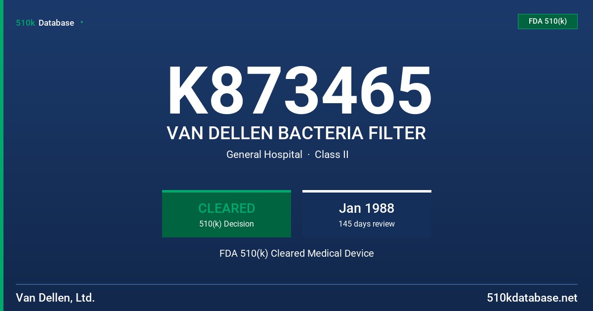 K873465 VAN DELLEN BACTERIA FILTER FDA 510(k) Cleared Medical Device
