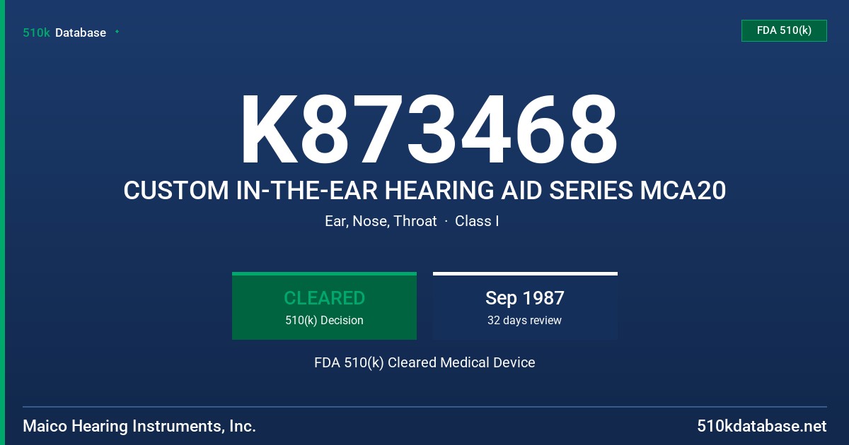 K873468 CUSTOM IN-THE-EAR HEARING AID SERIES MCA20 FDA 510(k) Cleared Medical Device