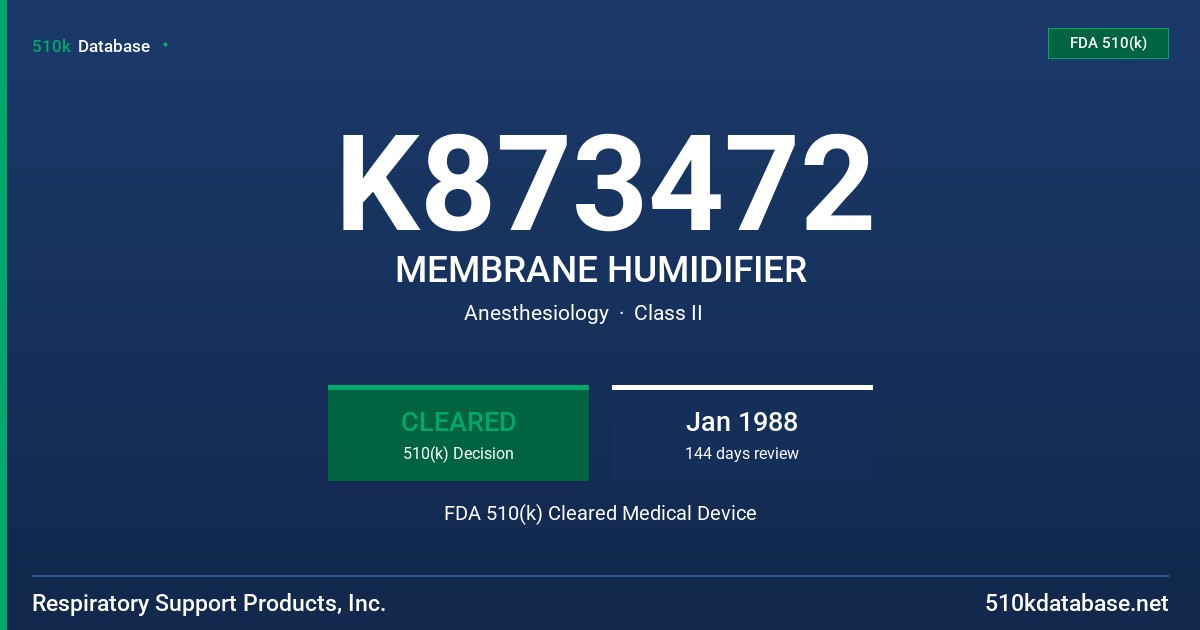 K873472 MEMBRANE HUMIDIFIER FDA 510(k) Cleared Medical Device