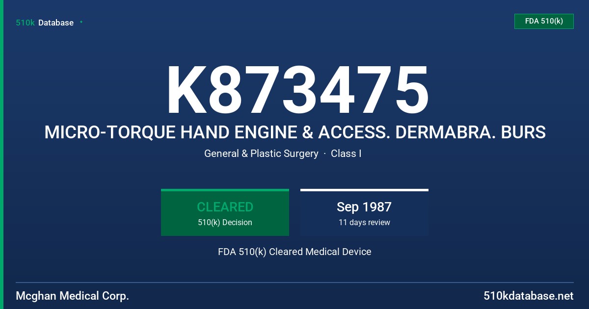 K873475 MICRO-TORQUE HAND ENGINE & ACCESS. DERMABRA. BURS FDA 510(k) Cleared Medical Device